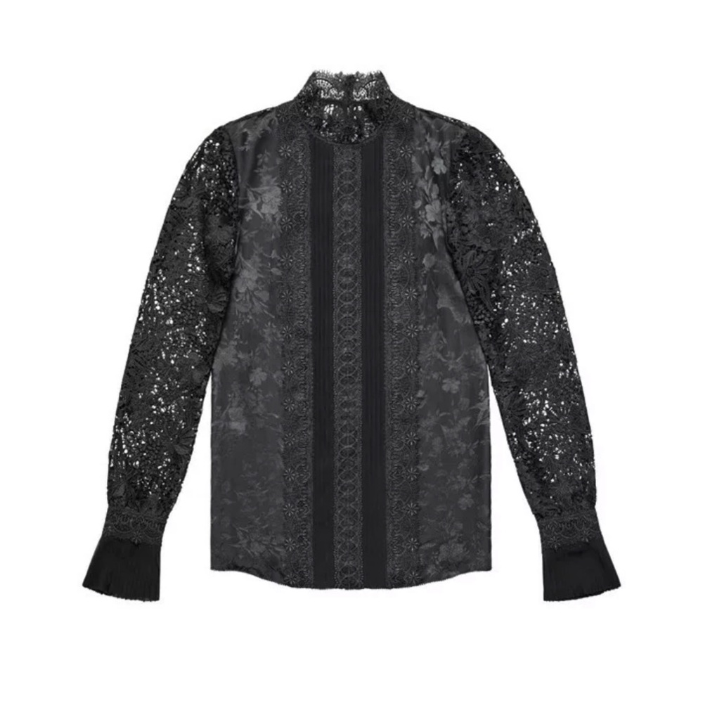 Erdem x H&M Silk Black Floral Lace Pleated Sleeves Victorian Blouse Top fits XS